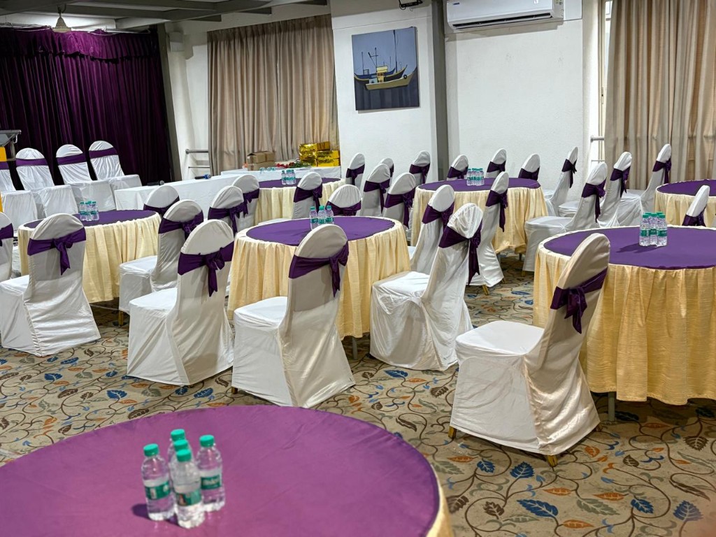Banquet hall at Hotel Chaitali decorated for a celebration