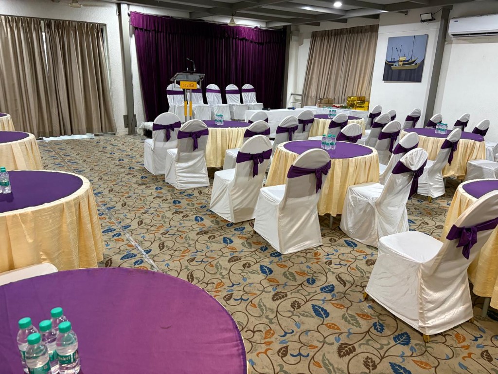 Banquet hall seating at Hotel Chaitali, Kolhapur