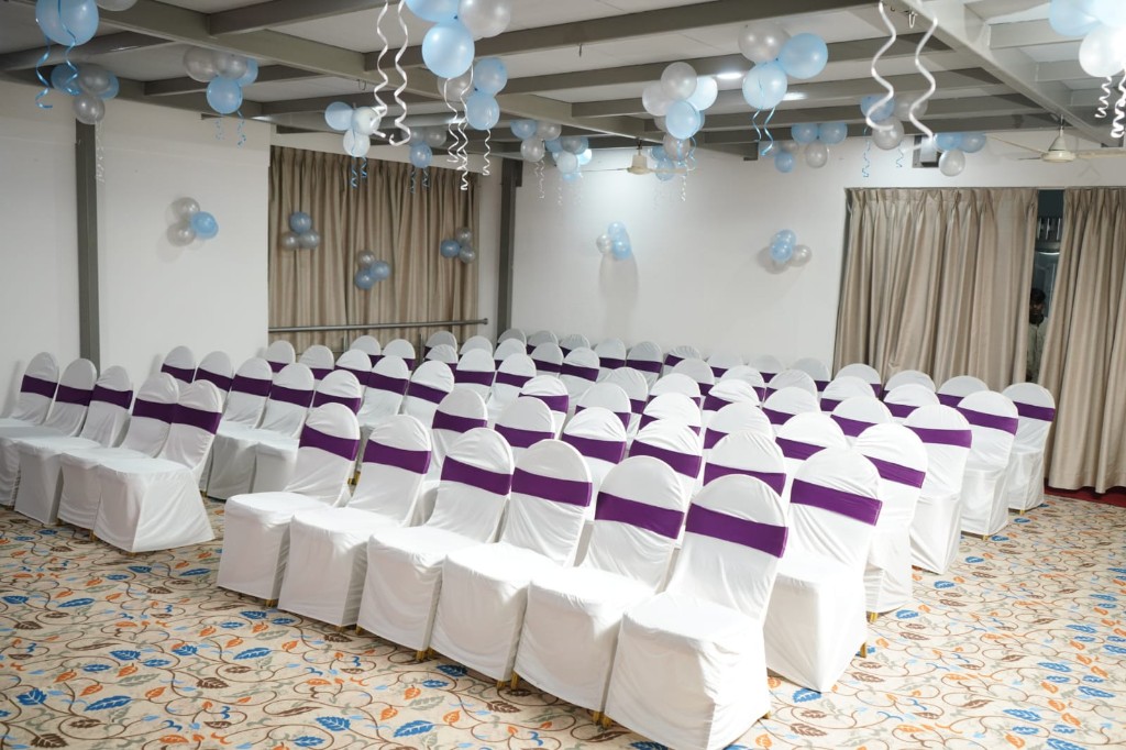 Banquet hall seating at Hotel Chaitali, Kolhapur