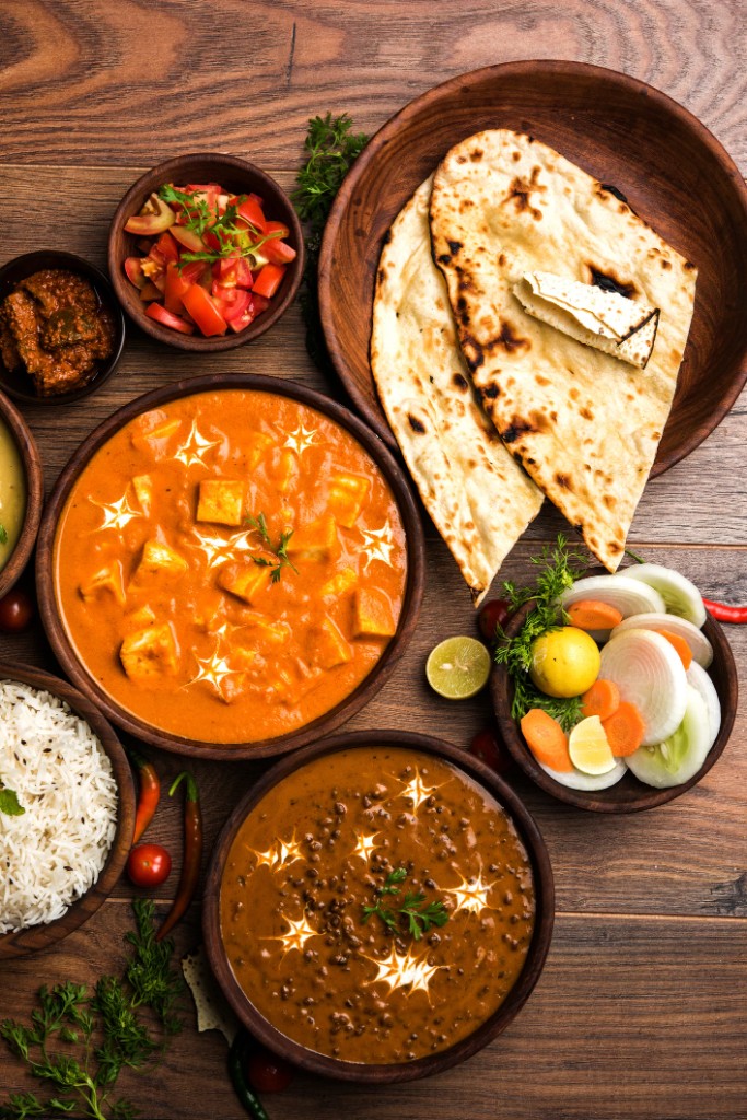 North Indian vegetarian curries, naan and rice