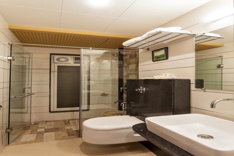 Bathroom with walk-in shower at Hotel Chaitali